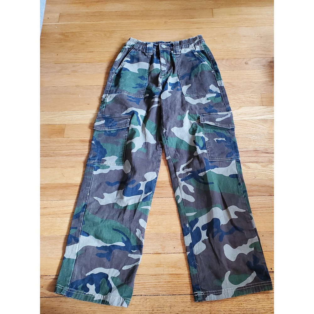 Almost Famous Womens Camo Cargo Pants Elastic Waist Wide Leg Green Baggy Small